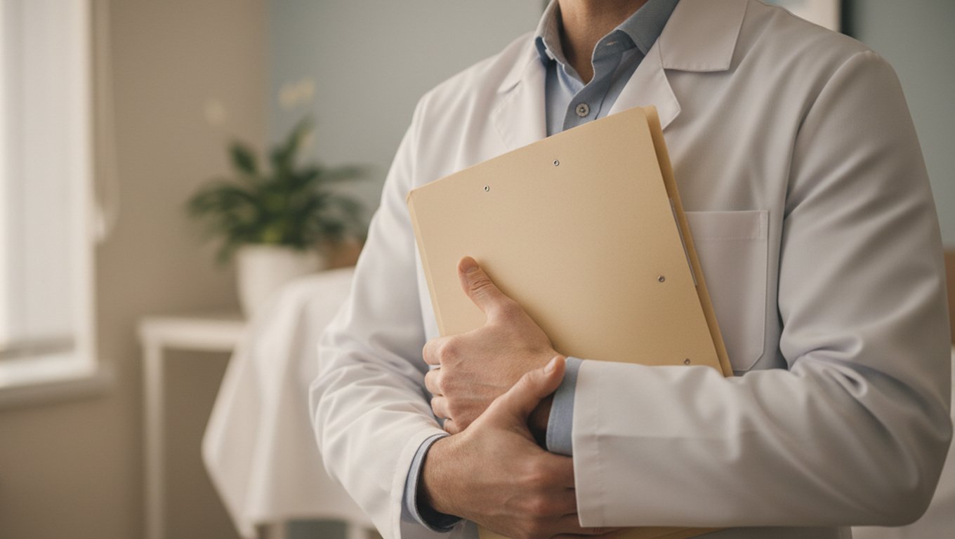 Врач держит папку с документами, прижав её к себе